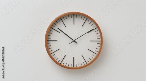 A minimalist wall-mounted analog clock with a light brown oval wooden frame and white face features black hour markers a