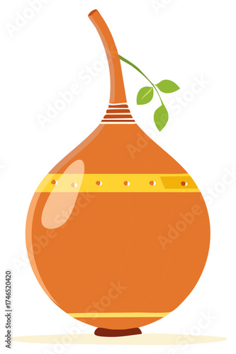 Stylized traditional clay pot, a decorative terracotta gourd vessel with a long neck and a leafy sprig