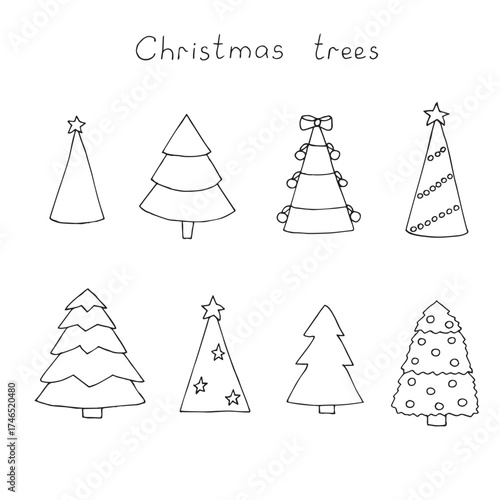 Christmas trees set of elements, hand drawing, vector illustration
