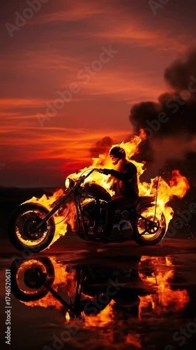 A striking vertical shot showcases a powerful motorcycle engulfed in vibrant, dynamic flames against a dramatic, fiery sunset sky. A dark, silhouetted figure with a skull-like head is depicted riding 