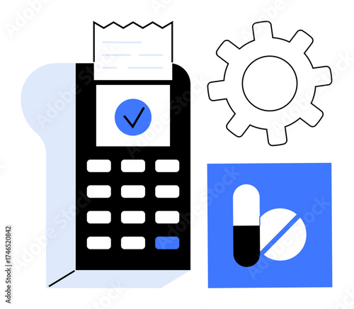 Payment terminal with receipt, gear icon, and pills symbolizing healthcare, technology, payments, pharmacy, transactions, medical services and automation. Ideal for healthcare billing e-commerce