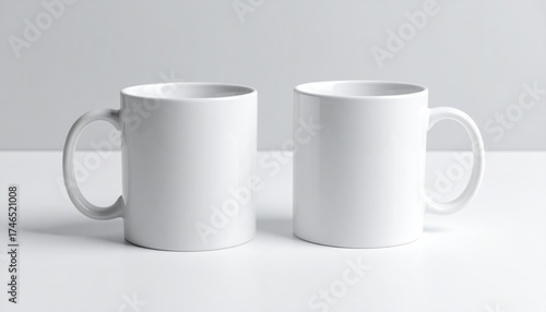 Two Blank White Coffee Mugs on White Table Mockup.