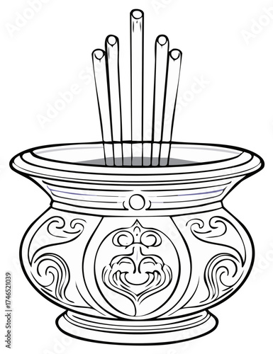 Decorative incense burner illustration with aroma sticks in a vase, outlined and detailed for religious or cultural use