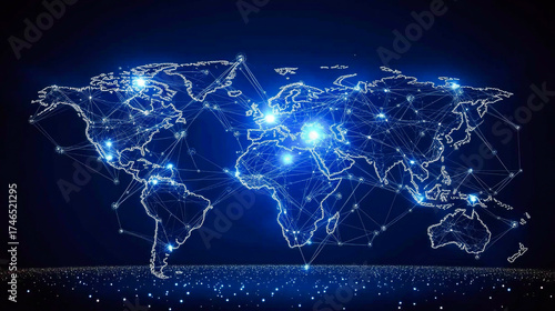 Global Network Connectivity – Digital World Map with Glowing Connections Representing Worldwide Communication and Data Exchange