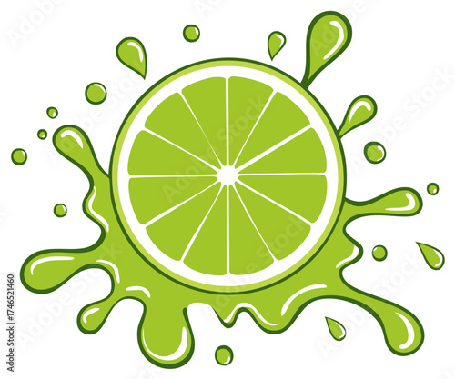 Fresh Slice of Lime with Splash - Vibrant Fruit Illustration, Tropical Refreshment, Vector Graphic for Summer Designs
