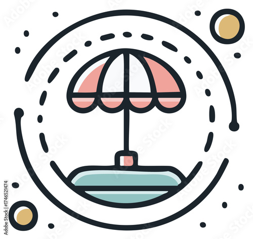 Stylized beach umbrella illustration with surrounding decorative elements