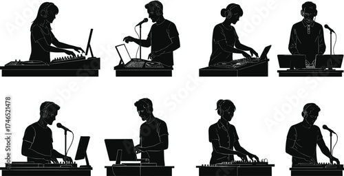 DJ and music producer silhouettes, audio mixing, live performance, sound engineering, entertainment industry, music technology, creativity, concert, nightlife illustration