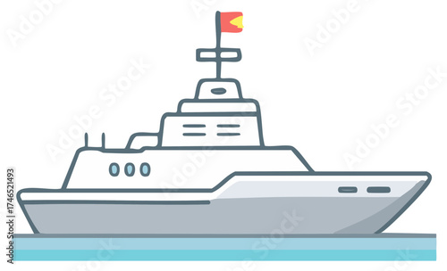 Stylized Cruiser Ship on Water Illustration with Flag on Top Mast