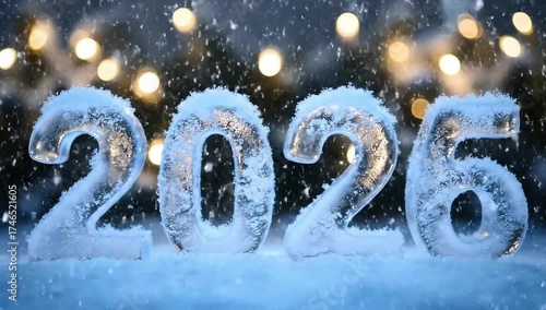 Icy numbers for the year 2026, covered in snow with gently falling snowflakes. This beautiful and magical winter scene features a warm, festive bokeh background