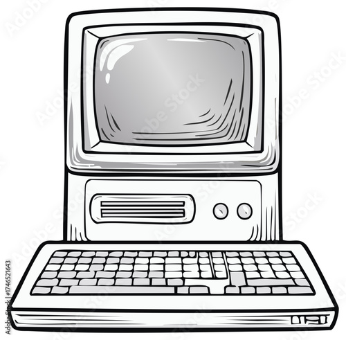 Vintage Computer System Illustration Desktop Terminal Keyboard Technology Obsolete Electronic Equipment Black and White
