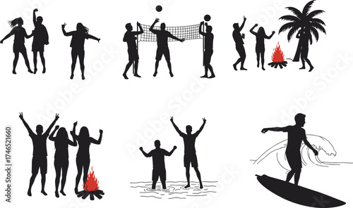 Beach party and surfing silhouette set with people dancing, playing volleyball, enjoying bonfire, palm trees, ocean waves and summer fun