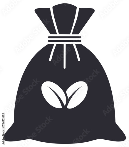 Dark silhouette of a tied burlap sack with coffee beans symbol for beverage industry