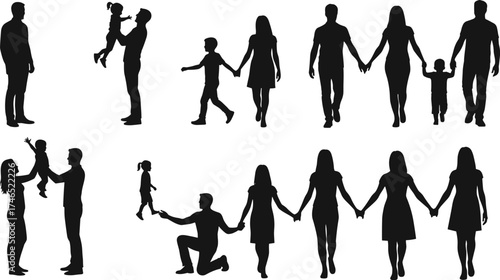 Family silhouettes, parents and children, bonding moments, walking together, holding hands, parenting, love, unity, family life, relationships, human connection illustration