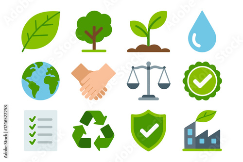 Environmental sustainability and ecofriendly practices icons showcasing commitment to preserving our planet and promoting ecological balance