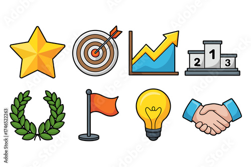 Business Success Icons Illustration of Target Achievement Growth Idea Partnership and Recognition for Digital Marketing Strategy