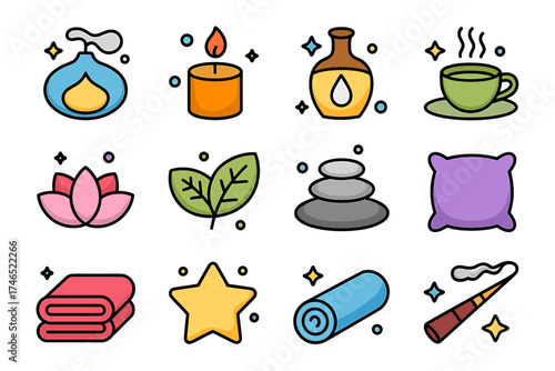 Spa and wellness icon set featuring essential oil diffuser candle lotus flower and more for relaxation and stress relief