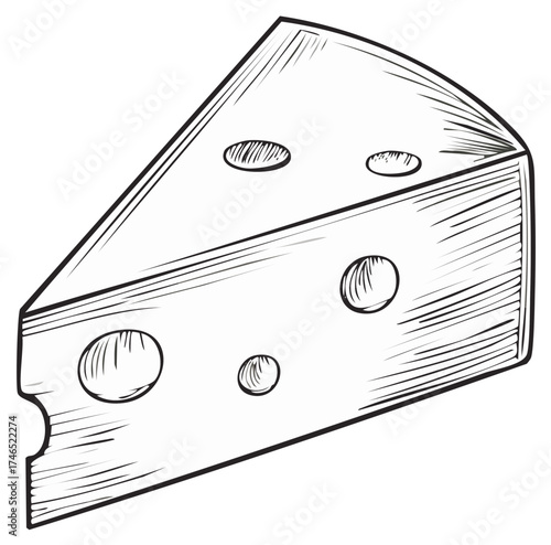 Hand drawn cheese wedge with holes in a classic sketch line art style