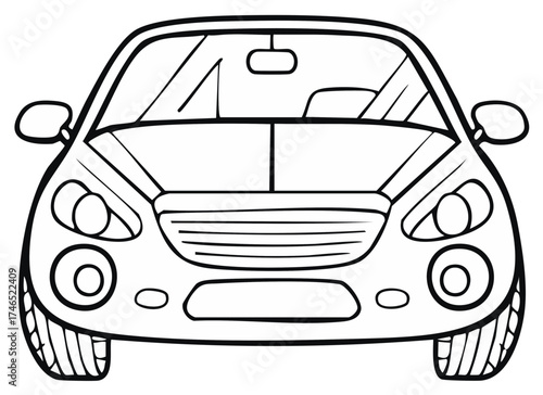 Front view illustration of a car with headlights and tires coloring page.