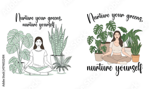 Self care meditation with houseplants vector bundle, mindful woman botanical wellness illustration set