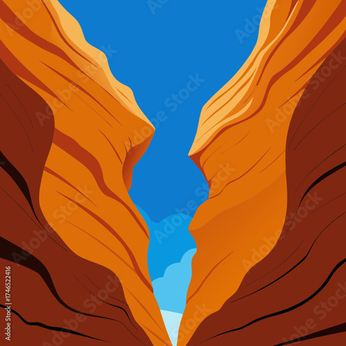 Breathtaking low angle vector illustration of a majestic canyon reaching towards a blue sky