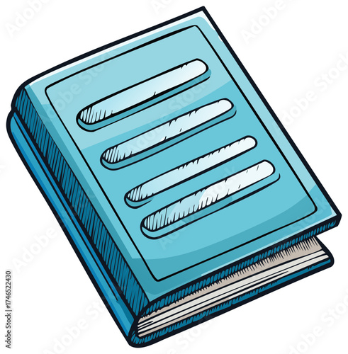 Stylized cartoon drawing of a closed blue hardcover book for education