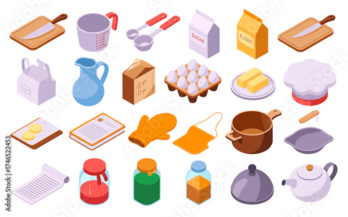 Isometric Kitchen Utensils Baking Ingredients and Tools for Cooking with Measurement Cups and Cutting Boards