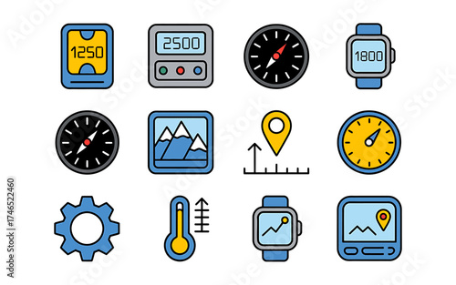Set of vector icons representing different technologies and tools for measurements and information collection with a blue and yellow color scheme on white background