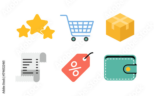 Online Shopping Elements Vector Illustration with Stars Cart Box Receipt Tag and Wallet for Ecommerce Concepts