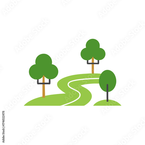 Abstract vector park elements featuring trees and winding path scalable illustration for outdoor themes