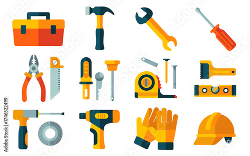 Assorted Tools Set for Home Improvement and Construction Projects Vector Illustration Collection with Tool Box Hammer and Screwdriver