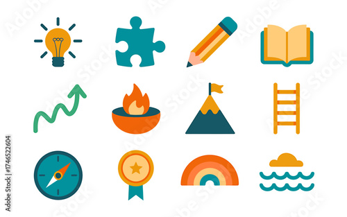 Flat Design Icons Representing Success Education and Personal Development with Lightbulb Book and Mountain Top