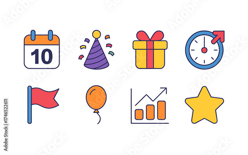 Colorful Icon Set Representing Celebration Events Time Management and Business Growth on White Background