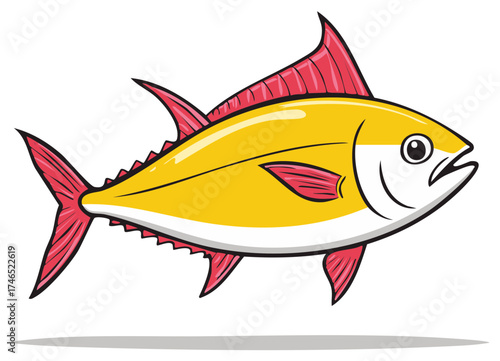 Stylized yellowfin tuna fish with red fins illustration