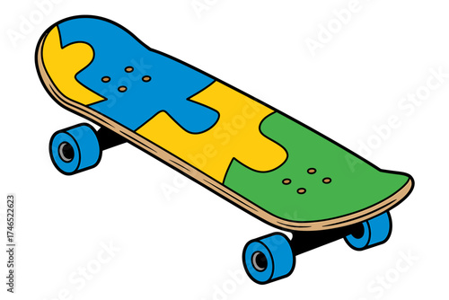Skateboard with Colorful Puzzle Design Graphic Illustration for Skateboarding Culture and Recreational Activities against White Backdrop