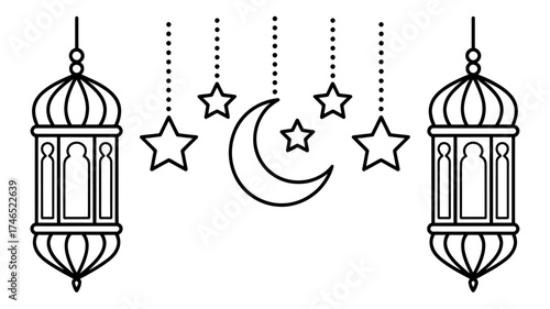 Elegant Ramadan Lanterns with Crescent Moon and Stars Decorative Line Art for Festive Occasions