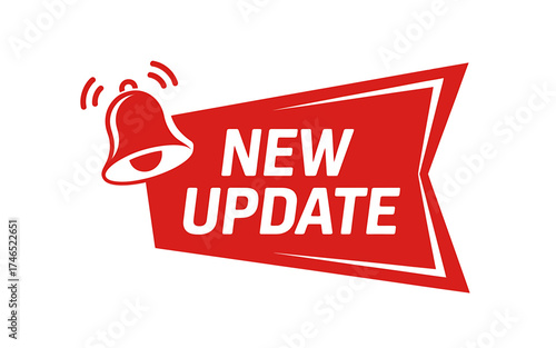 Eye catching New Update alert notification icon in red color with bell symbol for software announcements and urgent messages