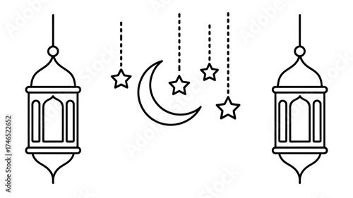 Ramadan Kareem Graphic Illustration with Lanterns Crescent Moon and Stars for Festive Celebration Islamic Holiday Design and Vector Art