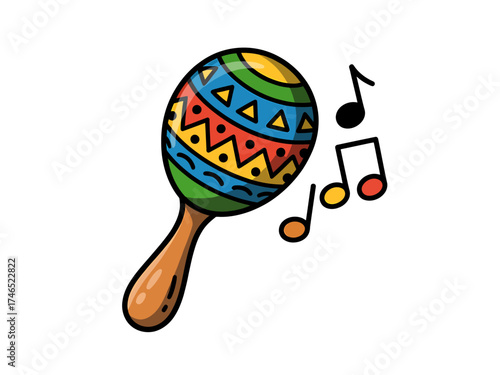Colorful Maraca Illustration with Musical Notes Symbolizing Fiesta Celebration and Latin American Culture Isolated on White Background