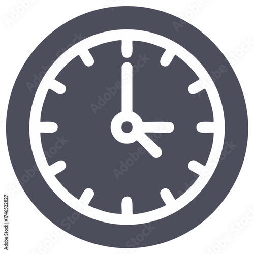 Simple clock graphic with grey border and white face with hands set at 3 o'clock