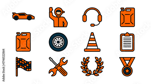 Racing themed icon set featuring car driver fuel can tire and tools perfect for motorsport enthusiasts and graphic design projects