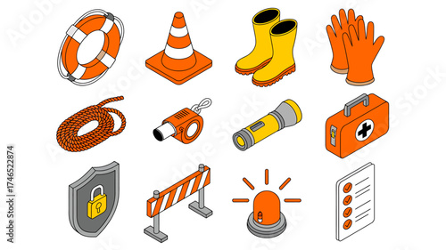 Isometric Safety Equipment Collection Illustration Including Life Preserver First Aid Kit and Traffic Cone for Emergency Response