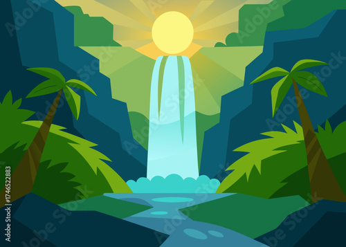 tropical jungle waterfall glowing sun rays