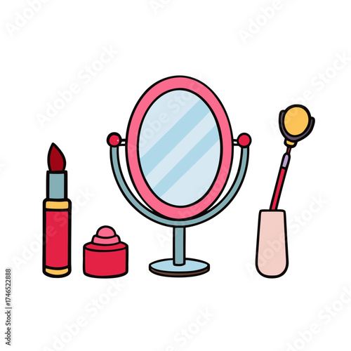 Whimsical cosmetic collection vector illustration featuring a vanity and makeup essentials