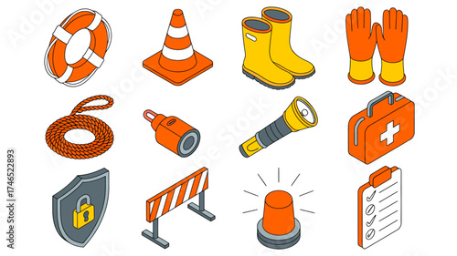 Isometric safety equipment illustration featuring life buoy traffic cone rubber boots gloves and first aid kit essential safety items for emergency preparedness