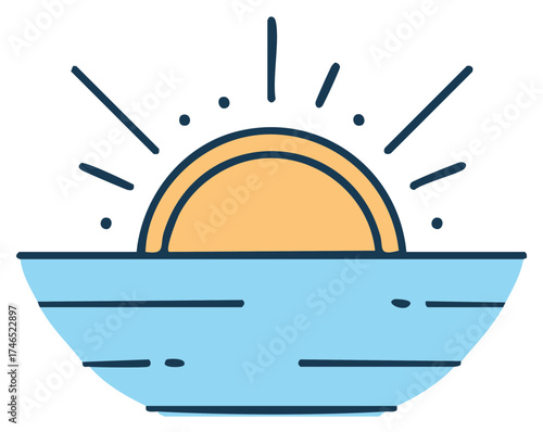Hand drawn doodle sun rising or setting over calm water horizon vector illustration
