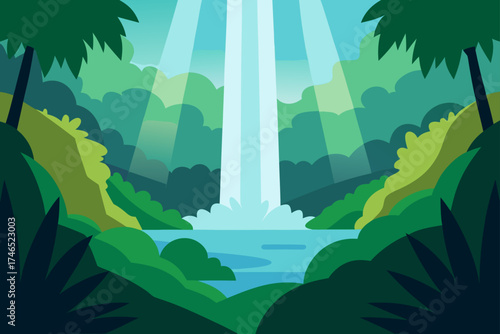 tropical rainforest waterfall light shafts
