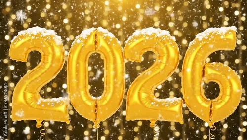 A beautiful and festive animation of gold foil balloons showing the numbers 2026, topped with snow. Gently falling snow and sparkles rain down against a warm, golden bokeh background