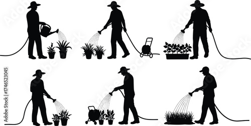 Gardener silhouettes watering plants, horticulture tools, garden care, irrigation methods, potted plants, hose reel, watering can, agriculture, growth, nature illustration