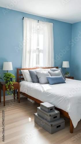 This tranquil interior shot showcases a beautifully organized and inviting bedroom space, characterized by serene light blue walls and pristine white bedding. A comfortable bed, adorned with an assort