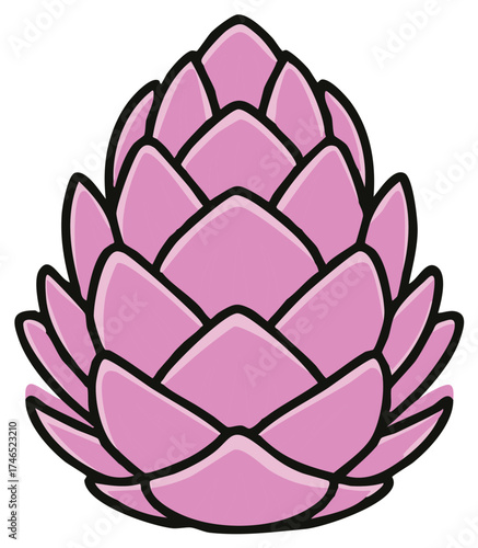 Stylized pink artichoke with layered petals and black outlines isolated on white